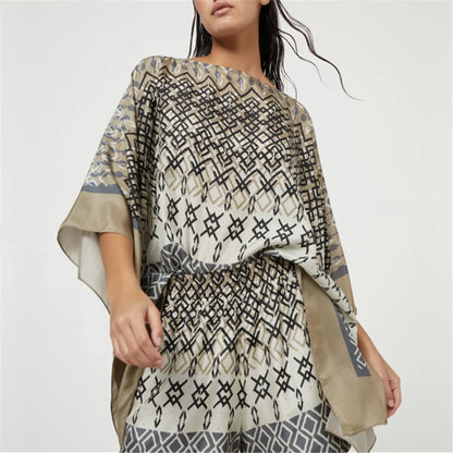 B*C Silk Ethnic Print Sets For Women Lighweight Poncho And Baggy Shorts 2024 New Luxury Design Women's Clothing Suit