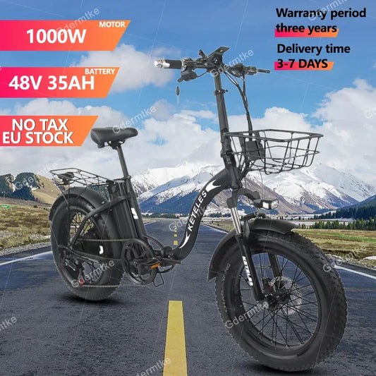 Electric Bike 1000W Motor 48V35AH Removable Lithium Battery City Folding Electric Bicycle 20*4.0 Inch Fat Tire All-terrain Ebike