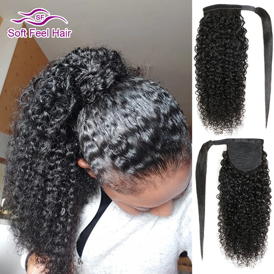 Afro Kinky Curly Ponytail Human Hair Extensions Wrap Around Ponytail With Clip Ins Natural Remy Brazilian Hairpiece Pony Tail