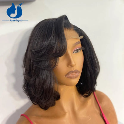 Amethyst Side Part Layered Cut Bob 5.5X4.5PU Silk Base Lace Closure Wig Human Hair For Women Wavy Brazilian Glueless 4x4 Closure