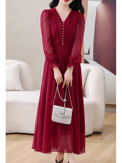 Red Chiffon V-Neck Luxury Evening Dress for Women Spring Summer Elegant Casual Dress 2024 Korean Fashion Bodycon Party Vestidos