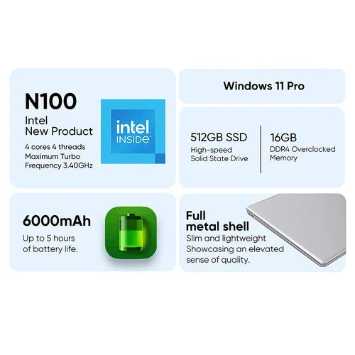 N-one Nbook Plus Laptop 14.1-inch 1920*1080 10-point Touch Screen Intel Alder Lake-N N100 4 Cores Up to 3.4GHz 16GB RAM 512GB