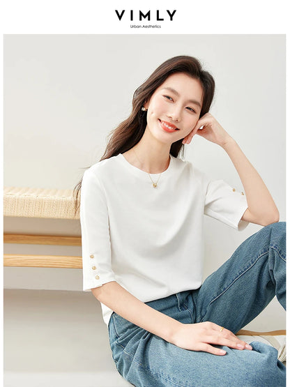 Vimly Spring Women T-shirts Round Neck Half Sleeve Tops 2024 New Straight Cotton Female Casual loose Pullovers Clothing M6217