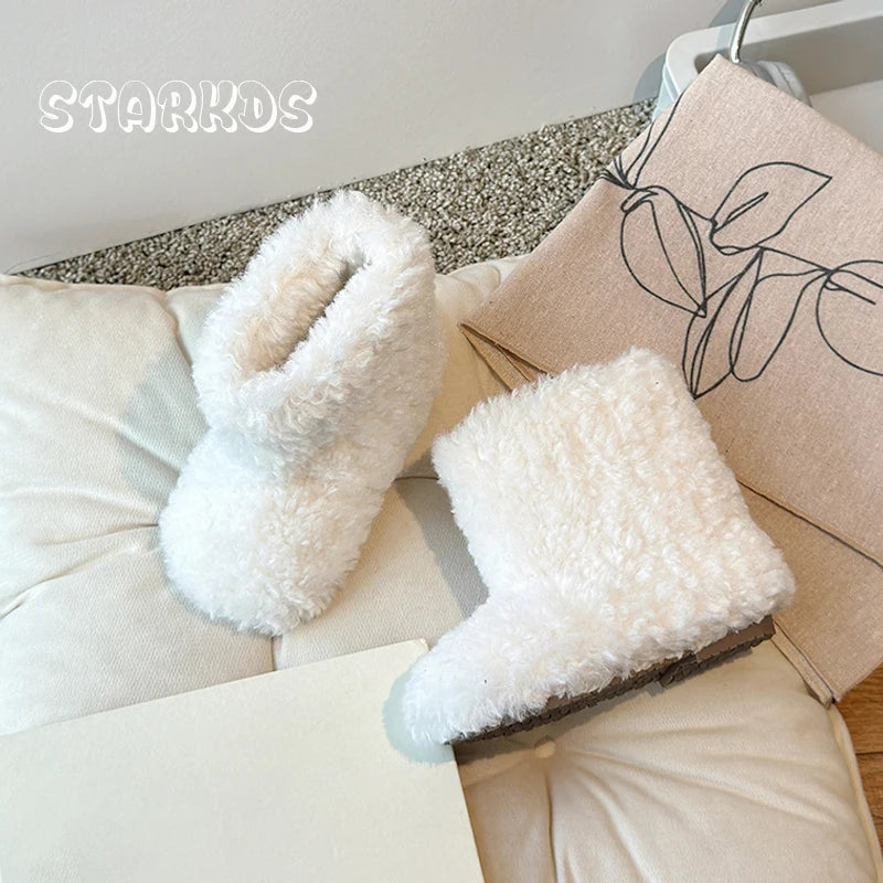 Luxury Thick Teddy Fur Boots Baby Girl Fluffy Warm Plush Booties Toddler Child Winter Brand Design Round Toe Slip-on Cotton Shoe