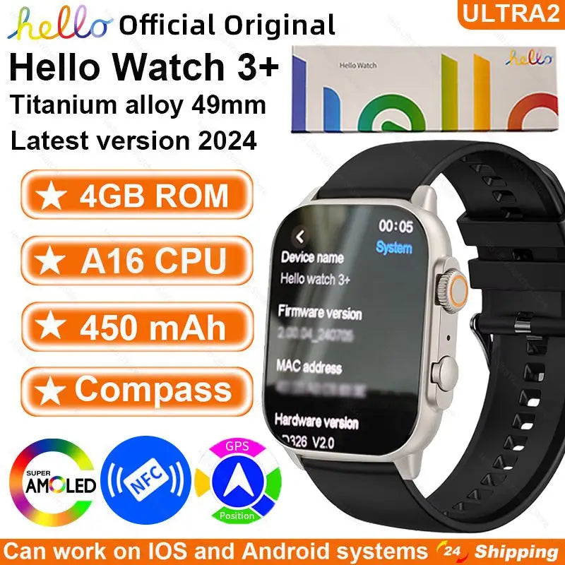 2024 New Genuine Hello Watch 3 Plus Smartwatch 49mm AMOLED 4G ROM NFC Compass Clock Bluetooth Call Sports Smart Watch Men Women