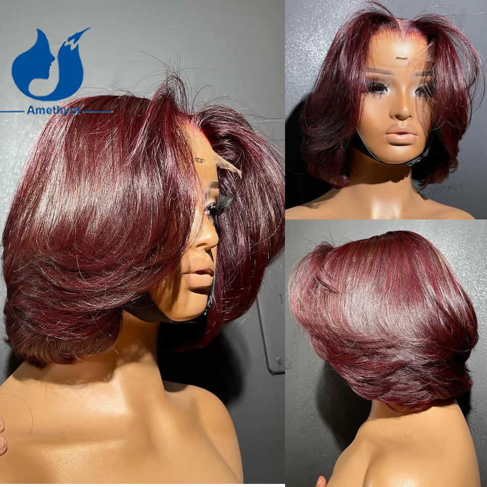 Burgundy 5.5x4.5PU Silk Base Lace Closure Bob Wigs Human Hair For Women Short Brazilian Remy Glueless Wave Bob Layered Cut 99J