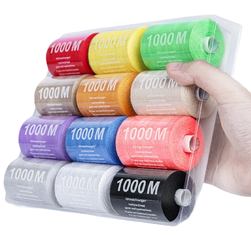 12 Colors Set 1000 Meters Roll Universal Polyester Sewing Thread Durable Regular Household Hand Machine Stitching 3 Choices