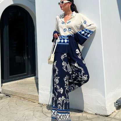 2024 Summer Loose New In Pant Sets Women 2 Piece Set Outfit Boho Long Sleeve Shirt Tops And Wide Leg Trousers Suit Elegant