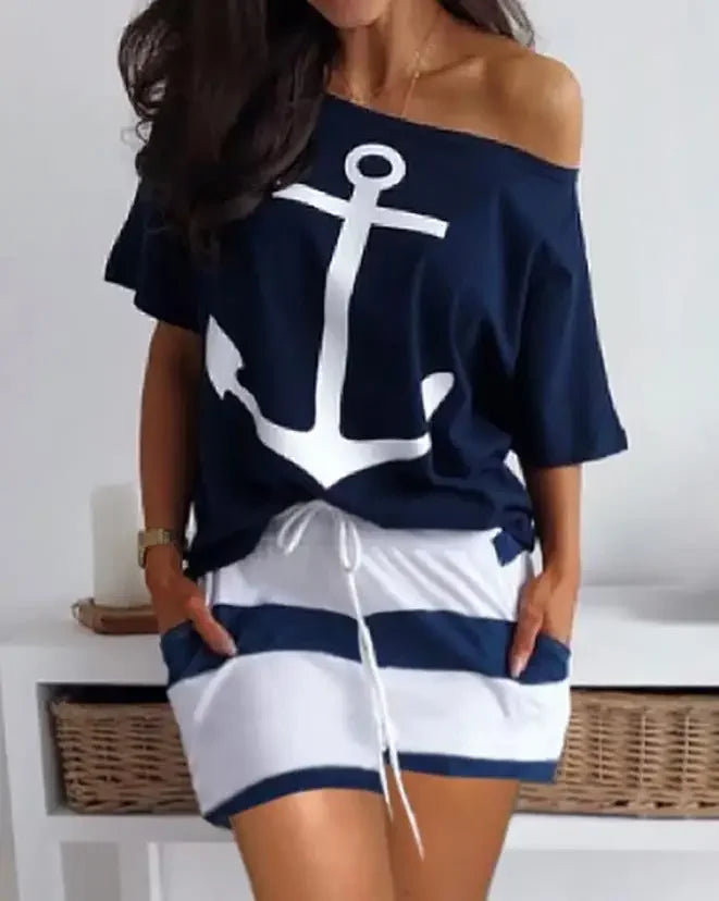 Boat Anchor Print Top & Striped Print Drawstring Casual Shorts Sets Summer Women's Fashion Two Piece Set