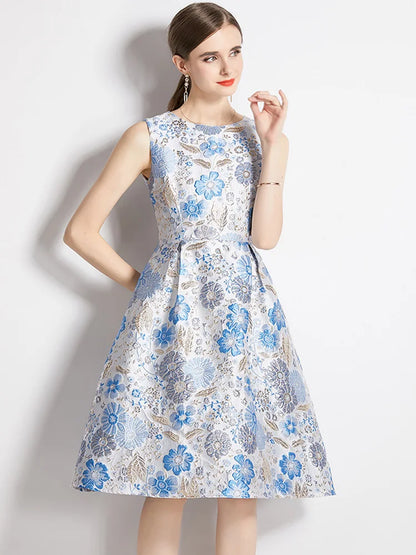 Elegant Dresses 2023 Luxury Designer Blue Floral Sleeveless Vest Jacquard Dress Vintage Ladies Slim Evening Party Dress Vestidos