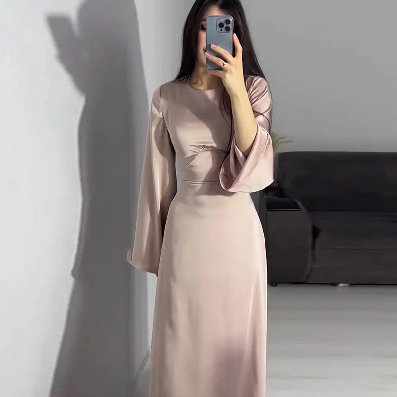 2024 Women Satin Long Dresses Sexy Lace Up Slim Evening Dresses Simple Round Neck Flare Sleeve Birthday Party Dresses For Women