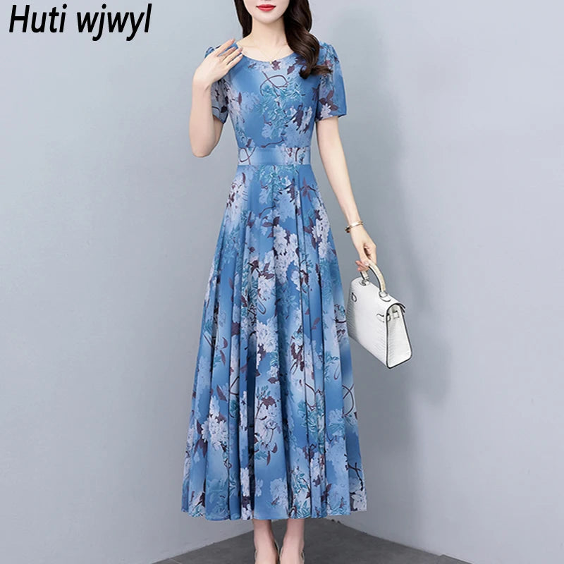 2024 Casual Floral Chiffon Vintage Party Dress Spring Summer Elegant Women Short Sleeve Midi Dress V-neck Boho Beach Long Dress