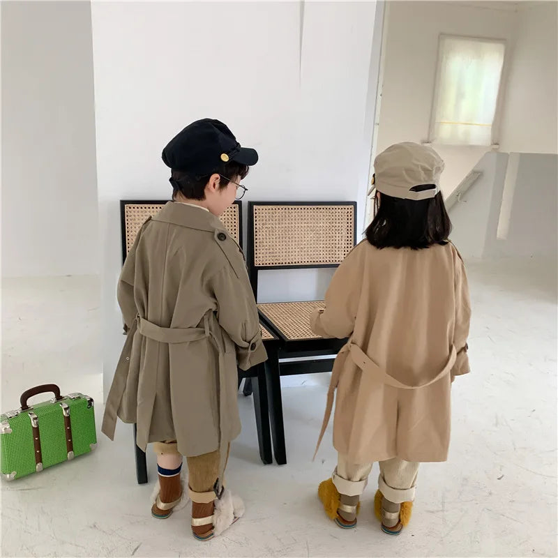 2-9y Kids Trench Coat Spring Autumn Boys Girls Jacket Overcoat Long Sleeve Turn-Down Collar Children Windbreaker Top Clothes