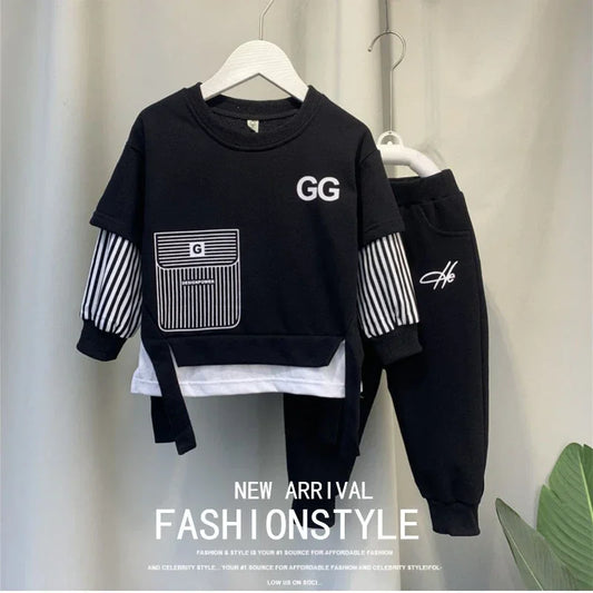 Autumn Winter Baby Boy Clothes Children Fake 2 Pcs Top and Sport Pants Set Kid Side Stripe Letter Tracksuit Print Pocket Outfits