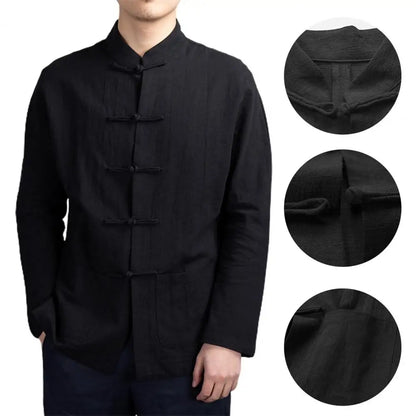 Solid Color Stand-up Collar Shirt Traditional Chinese Style Men's Shirt with Mandarin Collar Long Sleeve Featuring for Kung