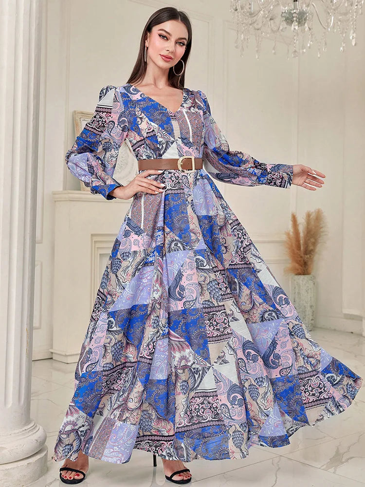 TOLEEN 2024 New Fashion Summer Women Long Dresses Patchwork Print Lantern Sleeve Bohemian Holiday Casual Elegant Dress With Belt