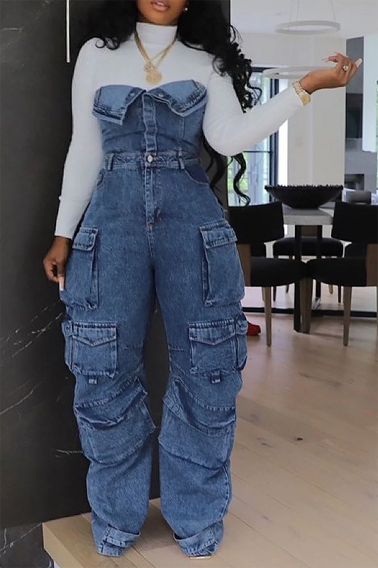 Plus Size Fashion Streetwear Denim Jumpsuit Women's Loose Pants Jumpsuit Plus Size Multi-pocket Strapless Jeans