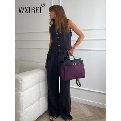 WXIBEI Womem Linen Cotton Chic Vest Pants Suit Two-Piece Set Office Ladies 2024 Summer New Chic 2 Piece Sets Womens Outfits