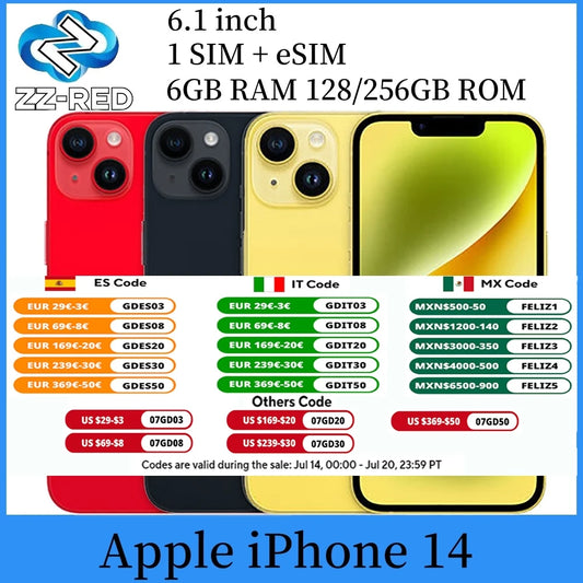 Apple iPhone 14 128GB/256GB ROM 6GB RAM 1 SIM+1 eSIM 6.1" Genuine Super Retina OLED Face ID NFC A15 5G Original Mobile phone