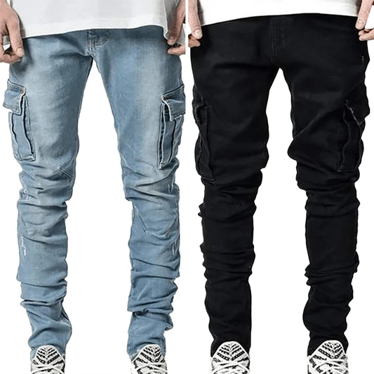 Men's Fahsion Elastic Slim Fit Jeans Men Cargo Denim Pants Solid Color Multi Pockets Casual Skinny Male Trousers mens clothing