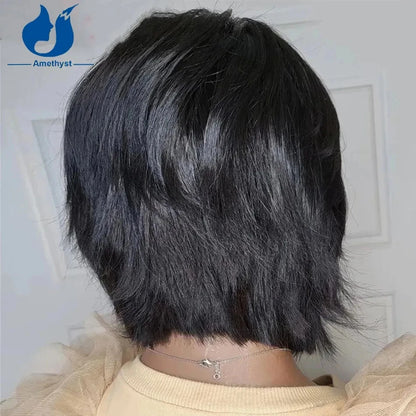 Amethyst Natural Black 5.5X4.5PU Silk Base Lace Closure Pixie Wigs Human Hair For Women Brazilian Glueless 4x4 Closure Wig Remy