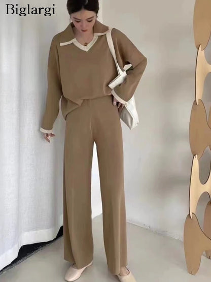 Summer 2 Two Piece Set Women V-Neck Fashion Long Sleeve Ladies Blouses Casual Loose Pleated Wide Leg Korean Woman Wide Leg Pants