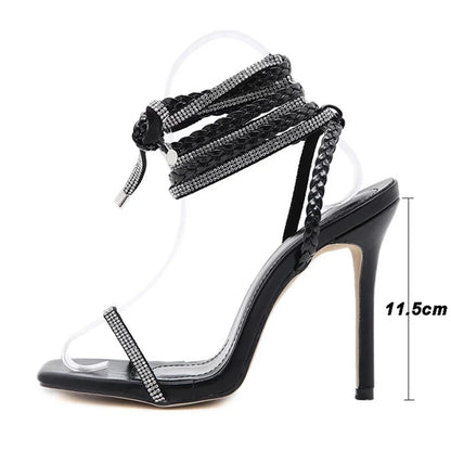 Women's Sandals Rhinestone Design 11CM Sandals Thin High Heel Strap Sexy Luxury Peep Toe Party Casual Shoes For Female  36-43