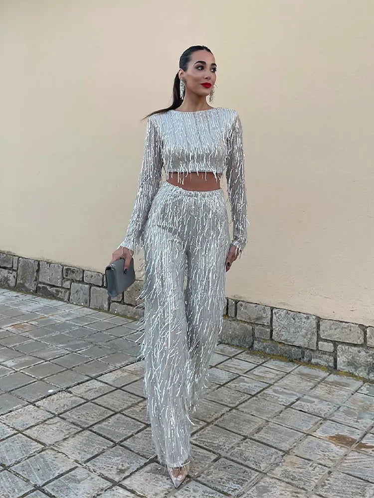 Sequin Party Sets Women Autumn Silver Loose O-neck Crop Tops Wide Leg Pants Female Suit Fashion Street Lady 2 Piece Set