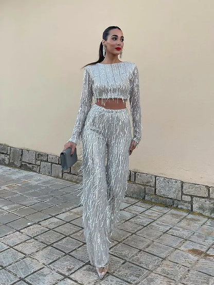 Sequin Party Sets Women Autumn Silver Loose O-neck Crop Tops Wide Leg Pants Female Suit Fashion Street Lady 2 Piece Set