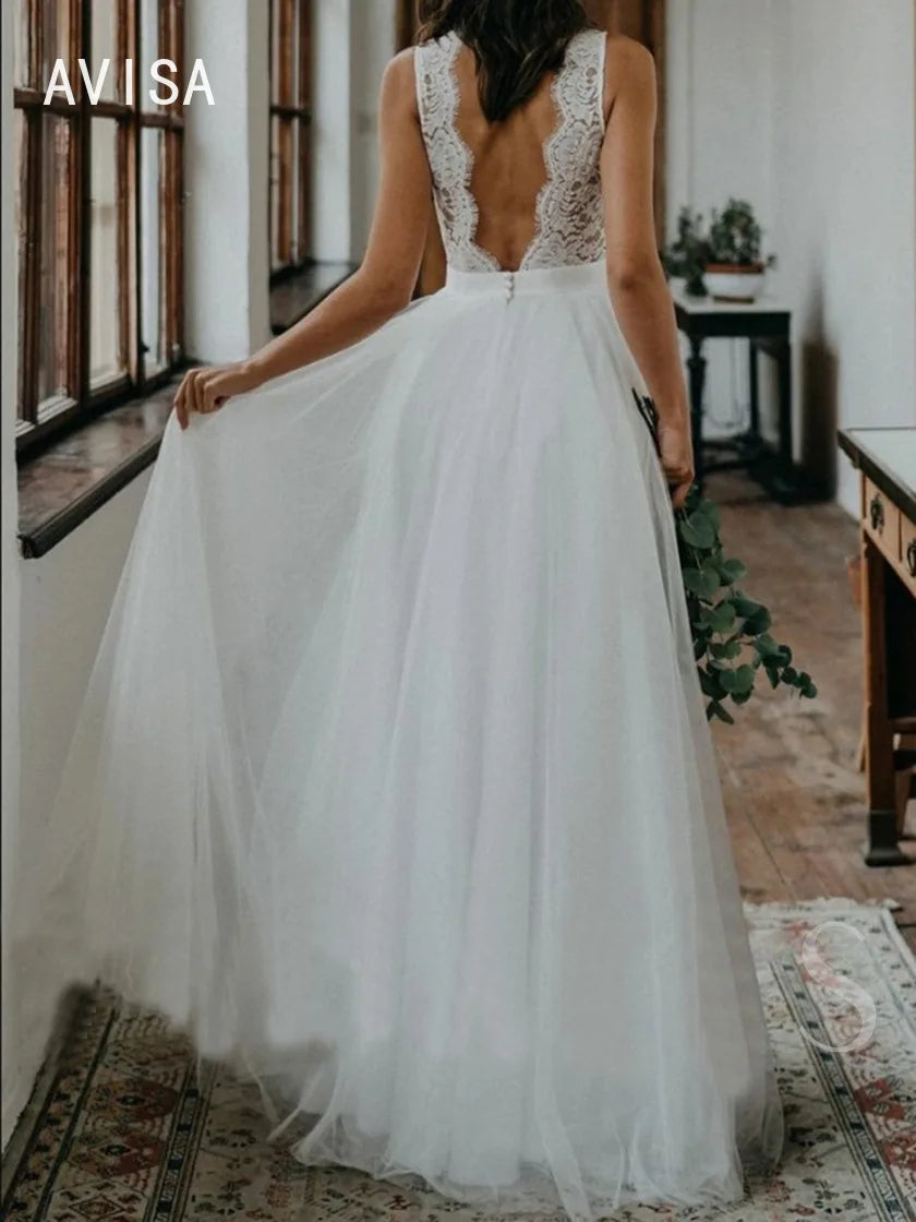 Boho A-line Wedding Dresss Lace Appliques Deep  V Neck Bohemian Sleeveless Vestido De Novia Backless Bridal Gown Sweep Train