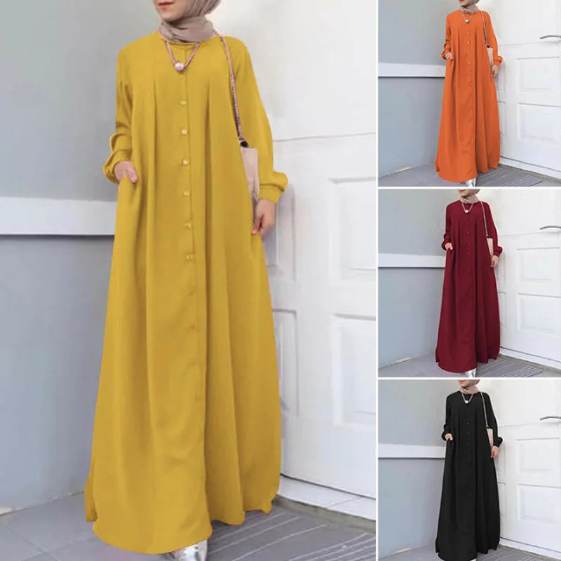 Optimize product title: Ethnic Style Long Dress - Autumn Retro Print, V-Neck, Loose Casual Fit, Premium Cotton and Linen Blend