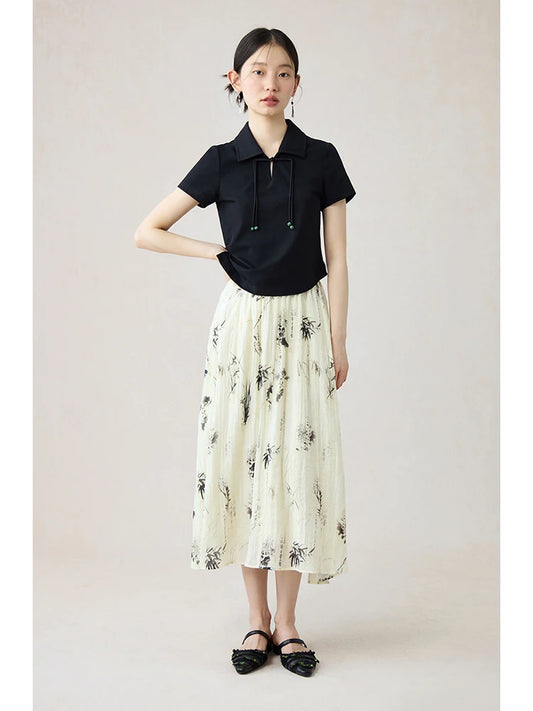 ZIQIAO Classic New Chinese Style Floral Skirt Top Set 2024 Summer New Slim Shirt Long Skirt Versatile Casual Lady Suit 24ZQ92232