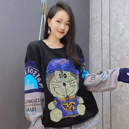 Winter Clothes Women Anime Hoodie with Diamonds Casual O Neck Full Pullover Sweater Loose Knitted Female Hoodies Jersey Diamante