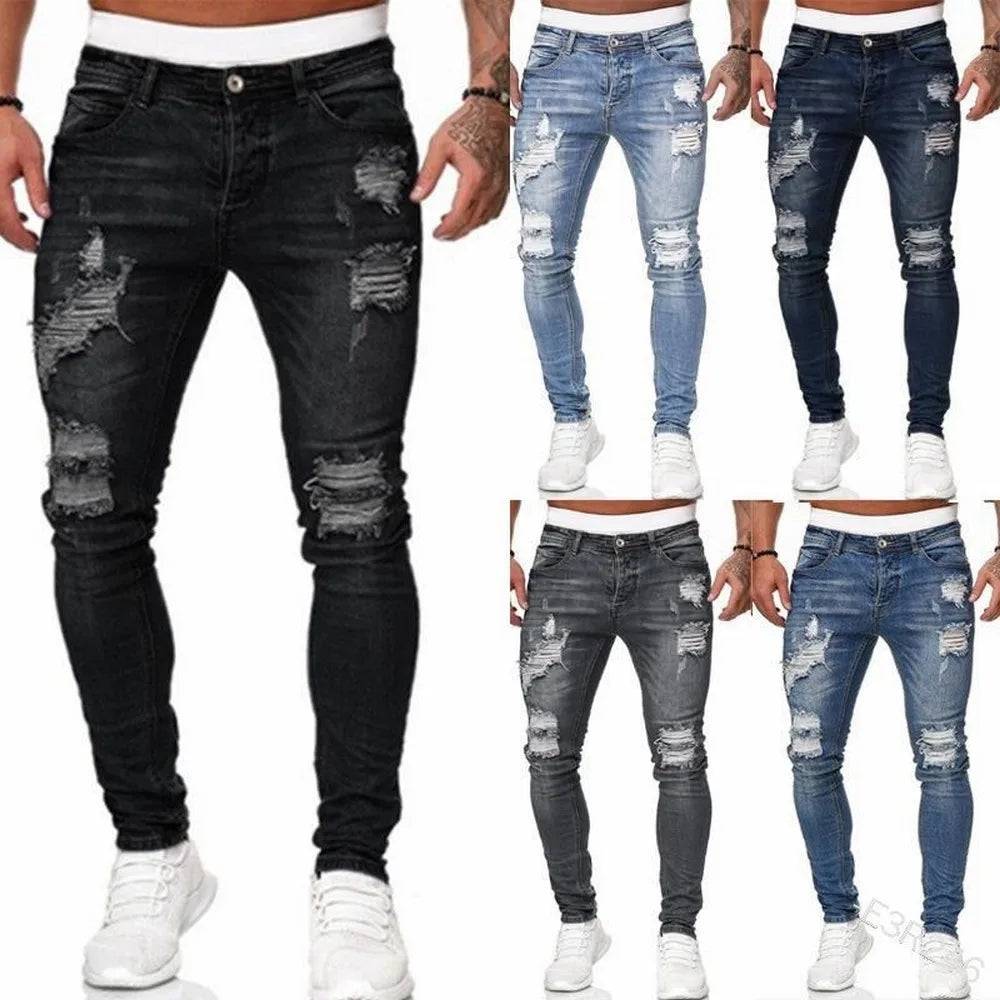 Distressed Streetwear Ripped Skinny Jeans Men Vintage Wash Solid Elastic Biker Holes Denim Pencil Pants Casual Slim Fit Joggers