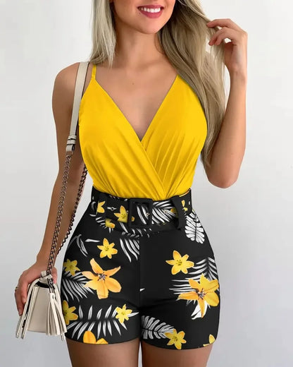 Fashion Summer Women's Two-piece Beach Suit 2024Sexy Slim Short Top Shorts Printing Casual Suspenders Package Hips 2 Piece Set 2