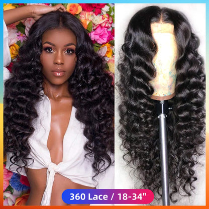 Loose Deep Wave 360 Full Lace Wig Nature Black Glueless Peruvian Real Human Hair 13x6 HD Lace Frontal Wigs For Women 34INCH Long