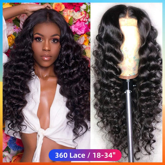 Loose Deep Wave 360 Full Lace Wig Nature Black Glueless Peruvian Real Human Hair 13x6 HD Lace Frontal Wigs For Women 34INCH Long