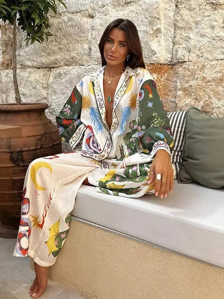 2024 Summer Beach Holiday Outfits Loose Printed 2 Pieces Pant Sets Women Lapel Long Sleeve Blouse High Waist Wide Leg Pants Suit