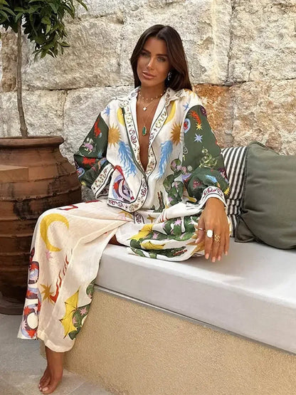 2024 Summer Beach Holiday Outfits Loose Printed 2 Pieces Pant Sets Women Lapel Long Sleeve Blouse High Waist Wide Leg Pants Suit