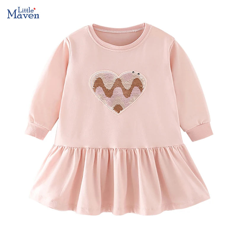 Little maven Kids Clothes 2024 Autumn Spring Children's Clothing Cotton Fall Baby Girls Long Sleeves Sequin Hearts Dresses