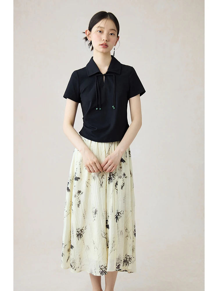 ZIQIAO Classic New Chinese Style Floral Skirt Top Set 2024 Summer New Slim Shirt Long Skirt Versatile Casual Lady Suit 24ZQ92232