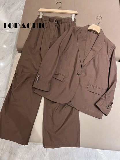 4.26 TOPACHIC Classic Women's Cotton Short Sleeve Shirt Or Single Button Thin Blazer Or Elastic Waist Shorts Or Long Pants Set