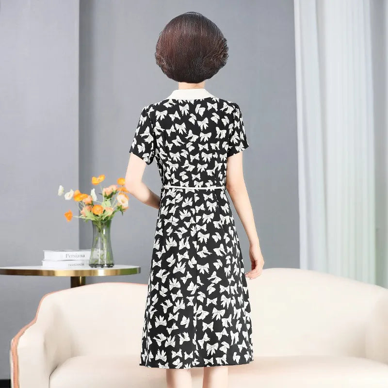 Middle Aged Women Vintage Floral Print Elegant Slim Short Sleeve Sleeve with Belt Elegant Shirt Dresses Midi Dress Vestidos