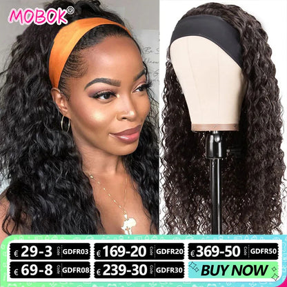 Human Hair Wigs Deep Wave Headband Wigs for Black Women No Lace Remy Hair Water Wave Headband Wigs KInky Curly 12-28 Inch Mobok