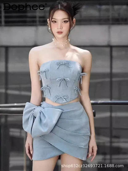 French Chic Tube Top and Skirt Two Piece Sets Womens Outifits 2024 Summer New Hot Girl Style Fashion Bowknot Skirt Sets Female