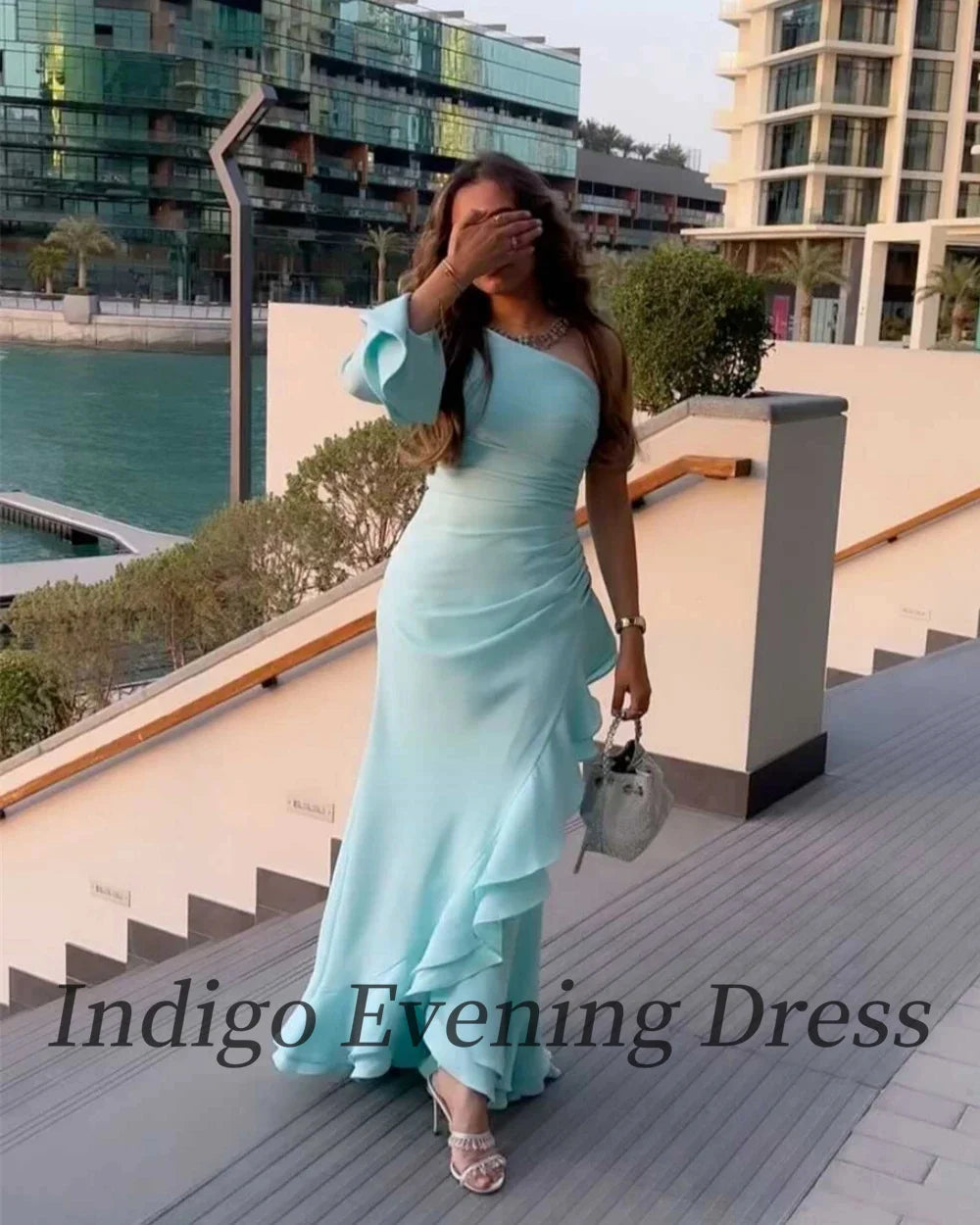 Indigo Evening Dresses One Shoulder Floor-Length Asymmetrical Ruffles Women Formal OccasionDress 2024 فساتين مناسبة رسمية