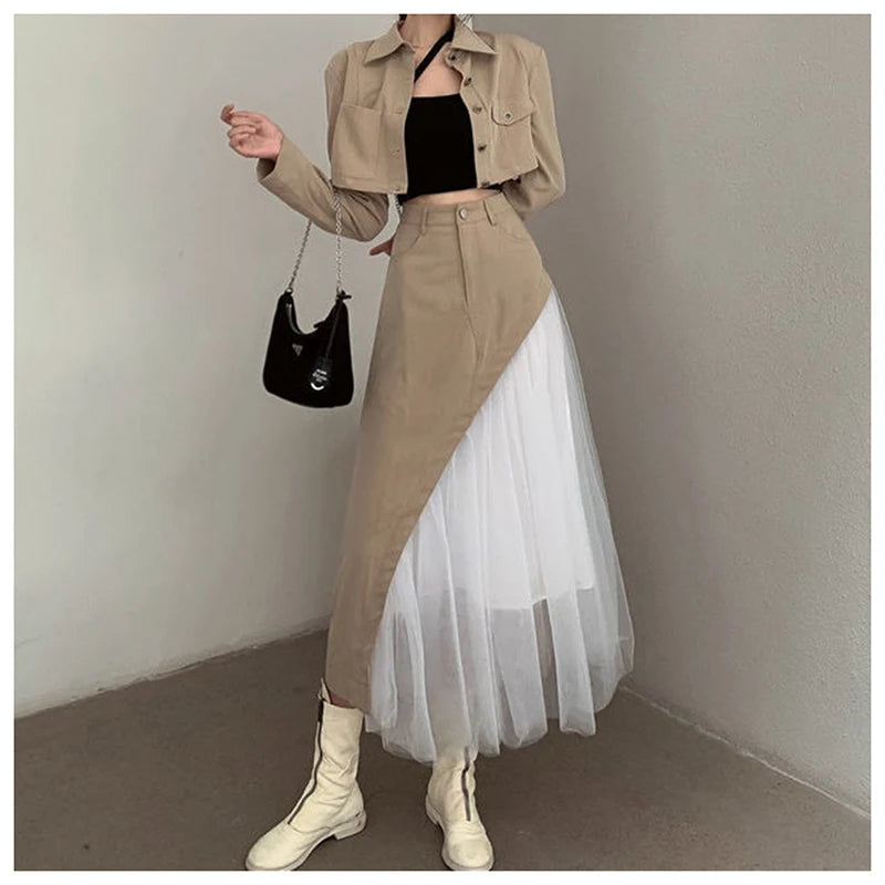 Short suit jacket, high waisted mesh skirt, two-piece set for women's 2024 autumn new workwear set