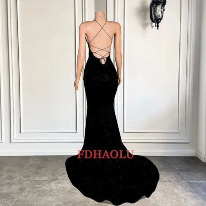 Sparkly Mermaid Style Fitted Sexy High Slit Black Sequined African Girl Backless Long Prom Dresses 2024