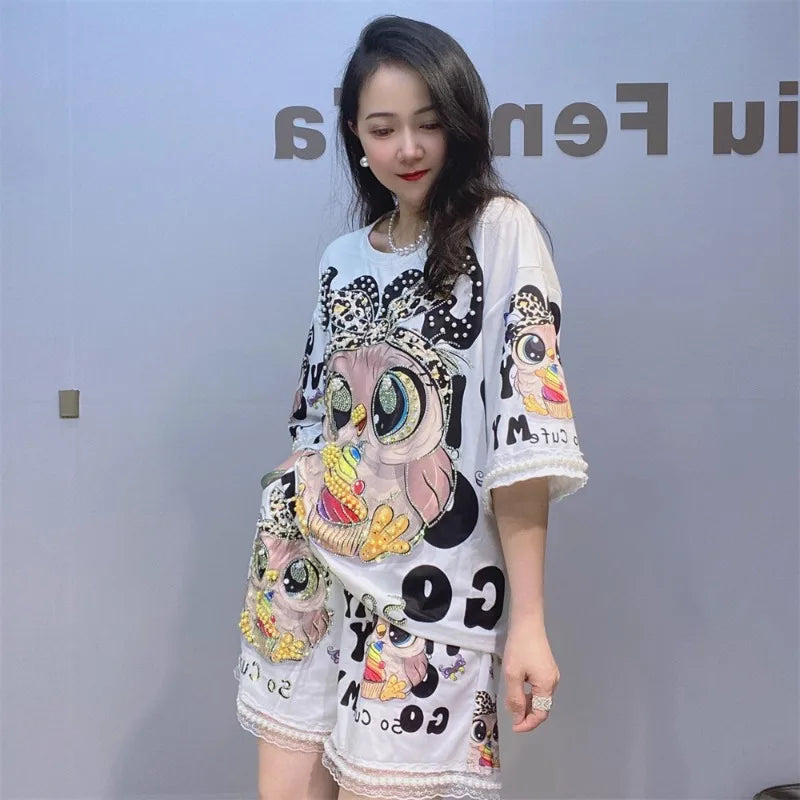 2024 Women's Kawaii Clothes Loose Outfits Summer New Printed Cartoon Beaded Short Sleeves T-shirt Shorts Two-Piece Set Female