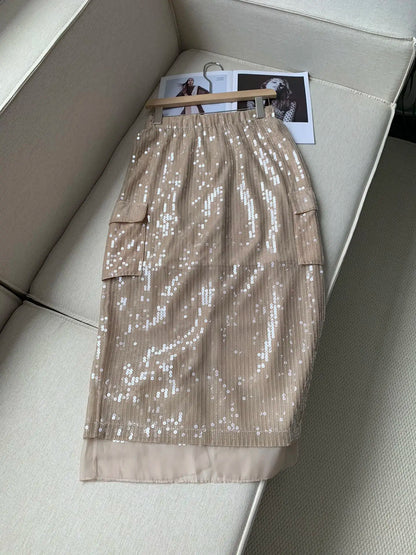 2024 Spring And Summer New Heavy Sequin Sleeveless Top + Midi Skirt Set Fashionable And Elegant Two-Piece Set For Women